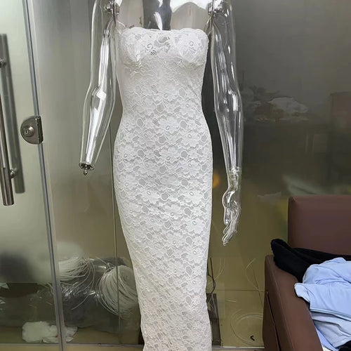 Load image into Gallery viewer, Lace See Through Sexy Midi Dress For Women Fashion Off-shoulder Strapless Sleeveless Backless Bodycon Club Party Dress
