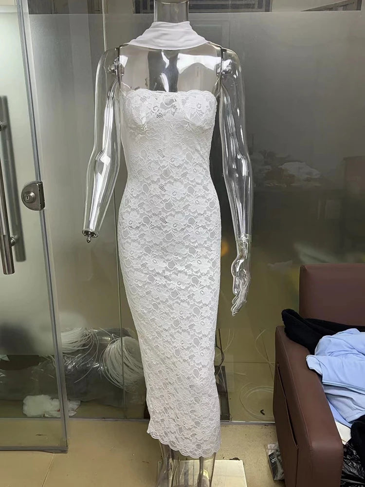 Lace See Through Sexy Midi Dress For Women Fashion Off-shoulder Strapless Sleeveless Backless Bodycon Club Party Dress