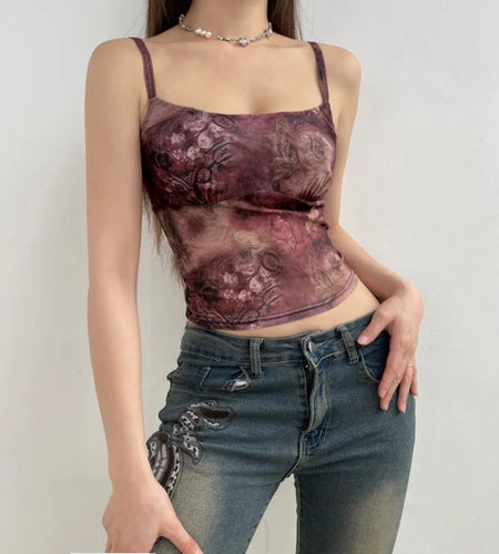 Grunge Retro Graphic Print Summer Mesh Top Camis Mini Y2K 90s Aesthetic Tie Dye Crop Top Female Transparent Goth Sexy