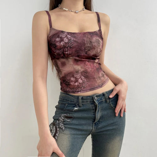 Load image into Gallery viewer, Grunge Retro Graphic Print Summer Mesh Top Camis Mini Y2K 90s Aesthetic Tie Dye Crop Top Female Transparent Goth Sexy
