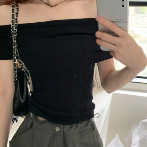 Load image into Gallery viewer, Slash Neck Short Sleeve Y2k Aesthetic T-Shirts Women Chic Off Shoulder Slim Tshirts Summer Fashion Casual Bottoming Tee Shirts
