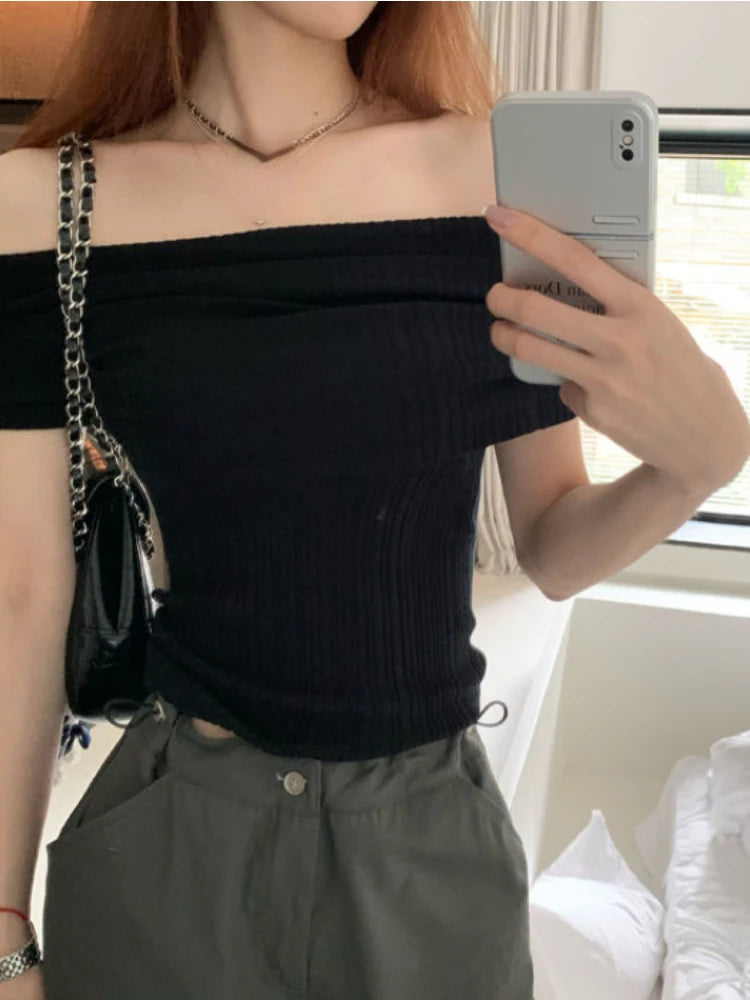 Slash Neck Short Sleeve Y2k Aesthetic T-Shirts Women Chic Off Shoulder Slim Tshirts Summer Fashion Casual Bottoming Tee Shirts