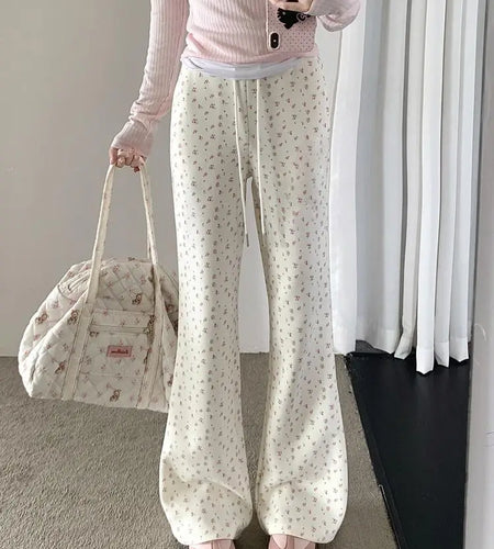 Korean 2024 Autumn Winter New Women's Beige Print Drawstring Lace-up Wide Leg Pant Casual Loose Elegant High Waist Trousers Chic