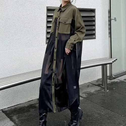 Load image into Gallery viewer, Women Army Green Mesh Color-block Big Size Long Shirt Dress New Lapel Long Sleeve Fashion Tide Spring Autumn 2025 1DH6066
