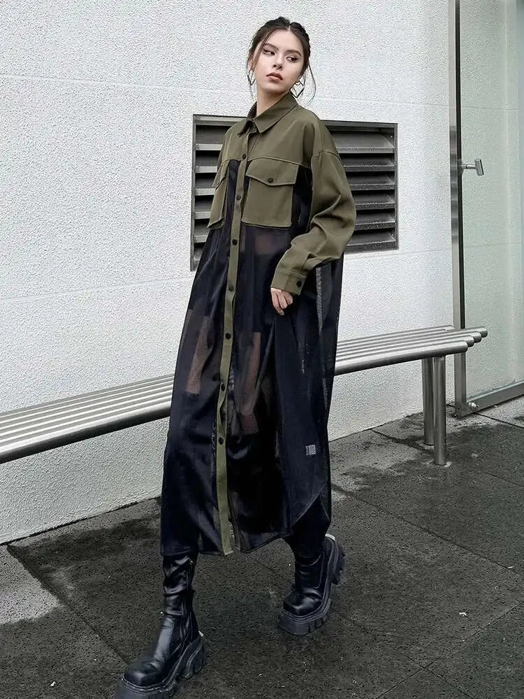 Women Army Green Mesh Color-block Big Size Long Shirt Dress New Lapel Long Sleeve Fashion Tide Spring Autumn 2025 1DH6066