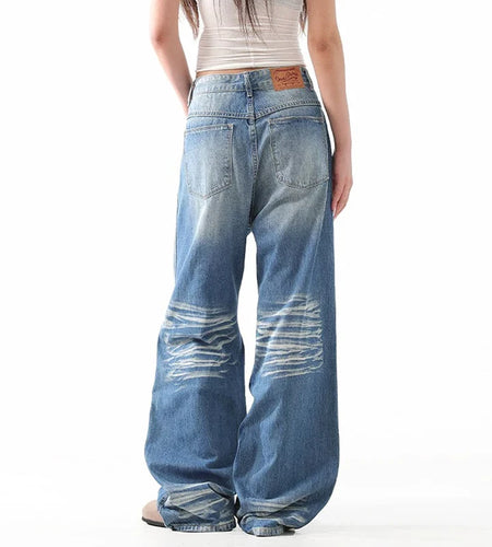 Men's Jeans New Summer Cat Whisker Washed Trendy Straight Wide Leg Stylish Gradient Color Male Causal Trousers 9W1968
