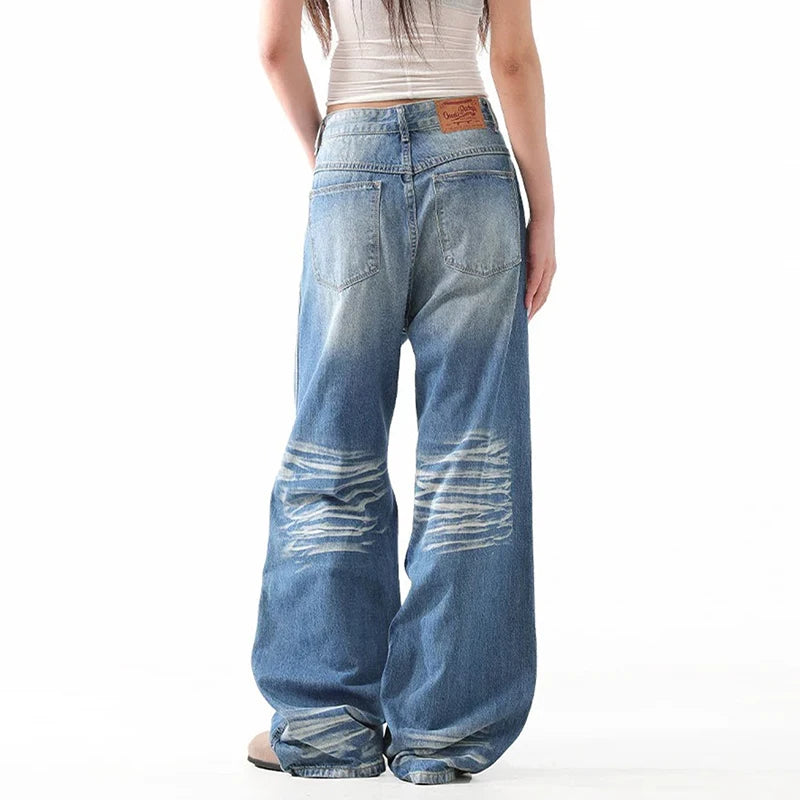 Men's Jeans New Summer Cat Whisker Washed Trendy Straight Wide Leg Stylish Gradient Color Male Causal Trousers 9W1968