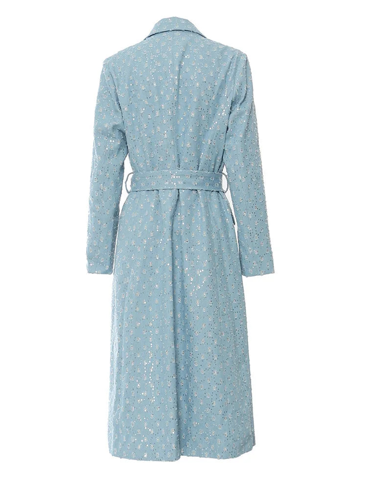 Women Blue Denim Sequins Big Size Thick Long Blazer New Lapel Long Sleeve Jacket Fashion Tide Spring Autumn 2025 1DH7153