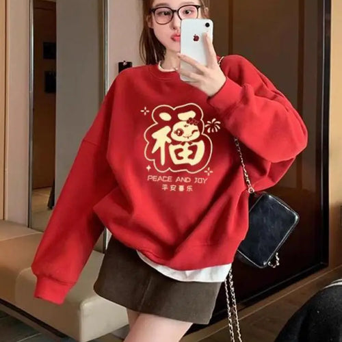 Load image into Gallery viewer, Autumn Winter New Red Print Round Neck Velvet Sweatshirt Thick Korean Women's Loose Long Sleeved Vacation Cotton Tops Clothing
