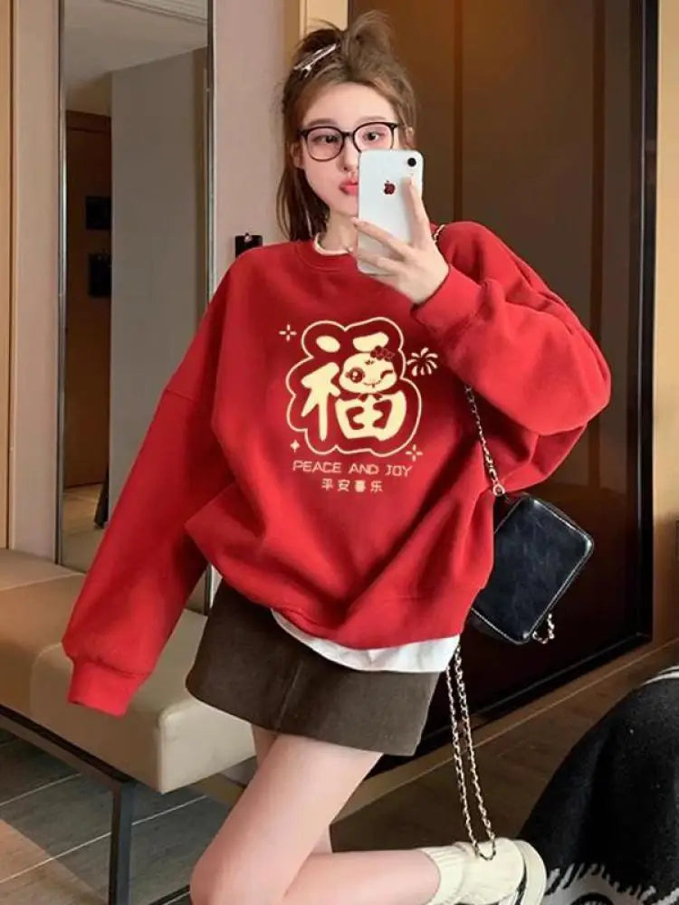 Autumn Winter New Red Print Round Neck Velvet Sweatshirt Thick Korean Women's Loose Long Sleeved Vacation Cotton Tops Clothing