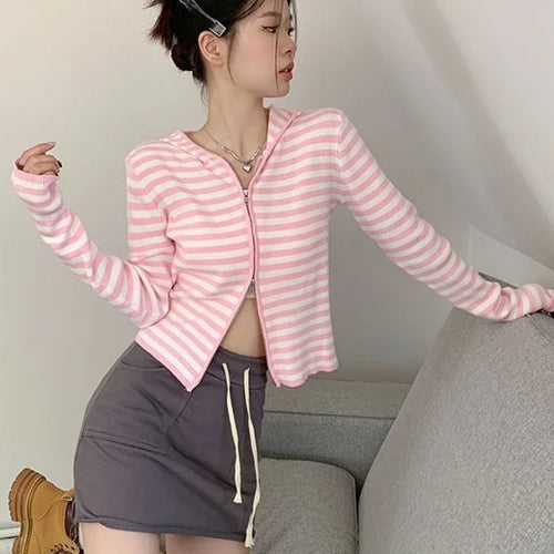 Load image into Gallery viewer, 2025 Pink Striped Vintage Y2k Aesthetic Women Cardigan Japanese Knitted Sweater Crop Coat Female Hooded Double Zipper Kardigany
