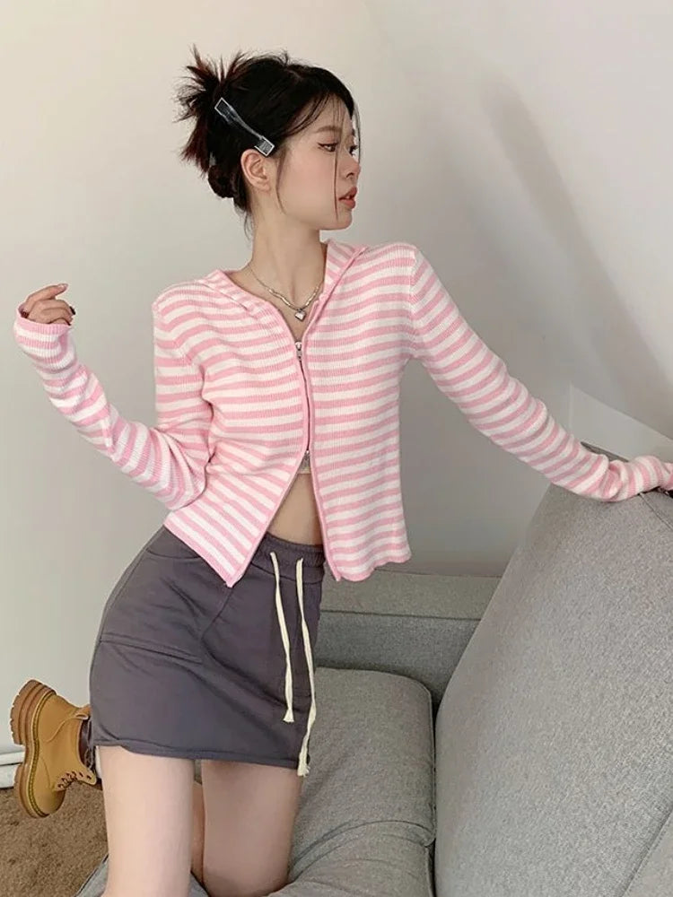 2025 Pink Striped Vintage Y2k Aesthetic Women Cardigan Japanese Knitted Sweater Crop Coat Female Hooded Double Zipper Kardigany