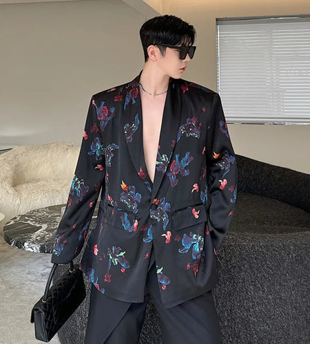 Floral Printing Men's Suit Jacket Menwear V-neck Single Button Blazer New Contrast Color Fashion Male Top Niche 2024 9C5957