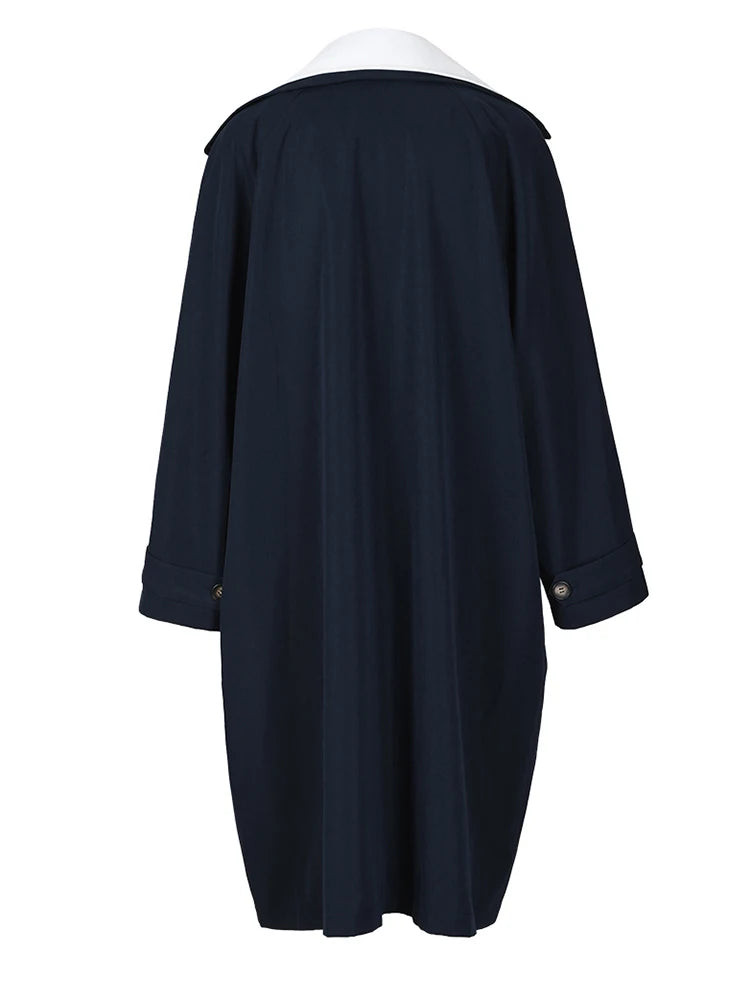 Women Dark Blue Color-block Big Size Trench New Lapel Long Sleeve Windbreaker Fashion Tide Spring Autumn 2025 CPDB001