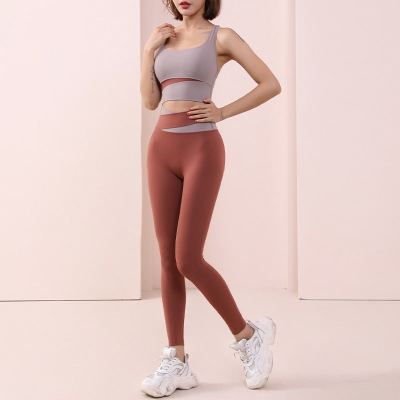 Women Sportswear Suit Bandage Patchwork Sports Bra Sexy High Waist Leggings Workout Athletic Fitness Clothing Two Piece Yoga Set