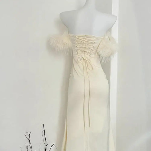 Load image into Gallery viewer, French Women's Beige Elegant Sexy Off Shoulder Pleated Long Dress Autumn New Sleeveless Hairy Neck Strapless Evening Party Dress
