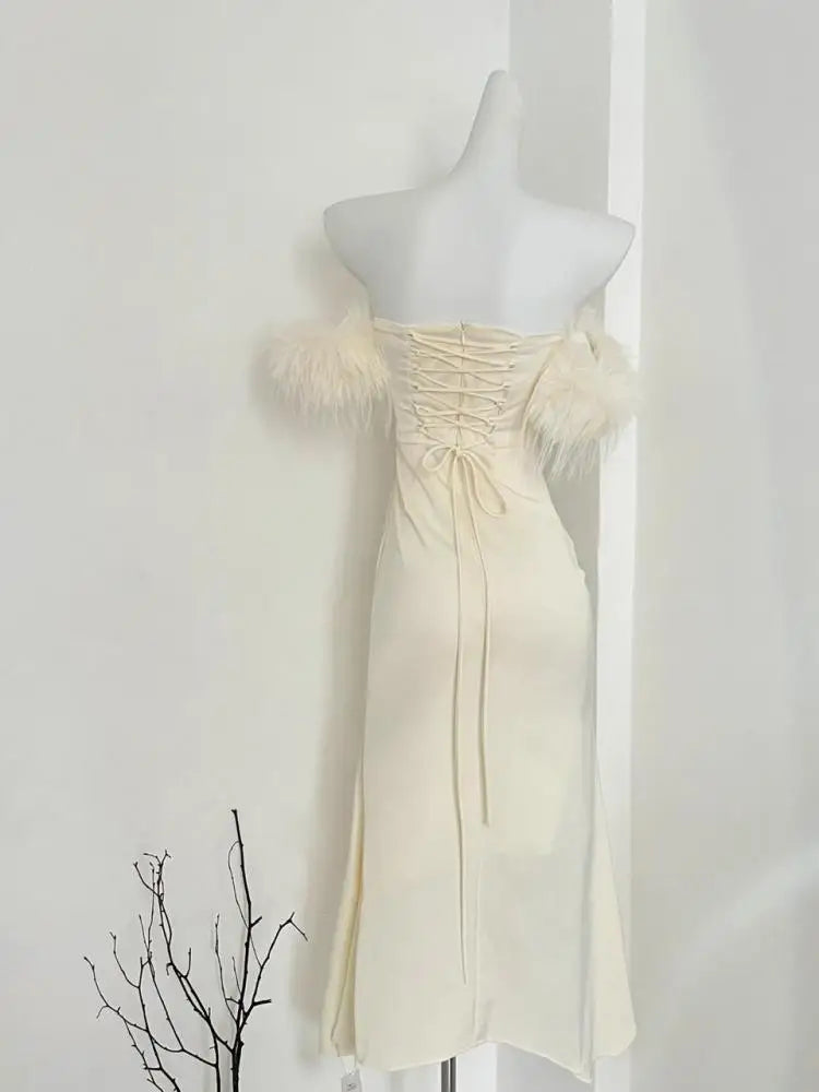 French Women's Beige Elegant Sexy Off Shoulder Pleated Long Dress Autumn New Sleeveless Hairy Neck Strapless Evening Party Dress