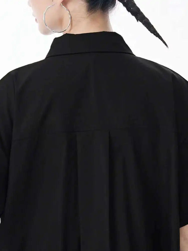 Women White Mesh Color-block Big Size Midi Shirt Dress New Lapel Short Sleeve Fashion Tide Spring Summer 2025 1DJ0003