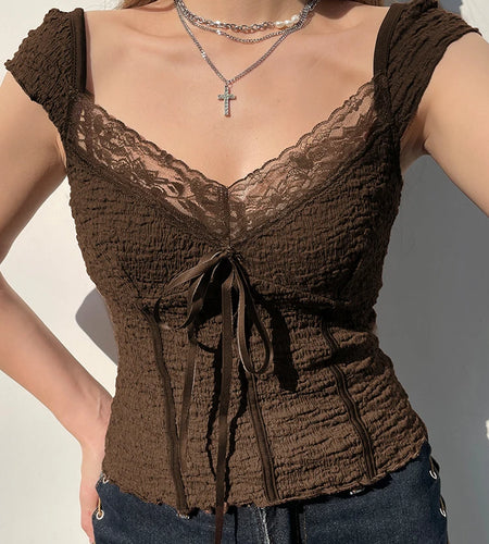 Y2K Vintage Aesthetic Bow Brown Summer T shirt Women Chic Shirred Lace Trim Crop Top Korean 90s Tee Shirts Stitch New