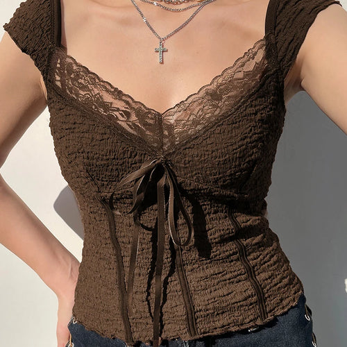 Load image into Gallery viewer, Y2K Vintage Aesthetic Bow Brown Summer T shirt Women Chic Shirred Lace Trim Crop Top Korean 90s Tee Shirts Stitch New
