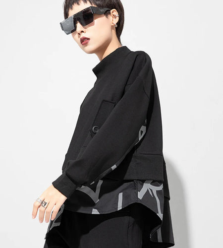 Women Big Size White Letter Iregular Spliced T-shirt New Stand Collar Long Sleeve  Fashion Tide Spring Autumn 2025 1DD0232