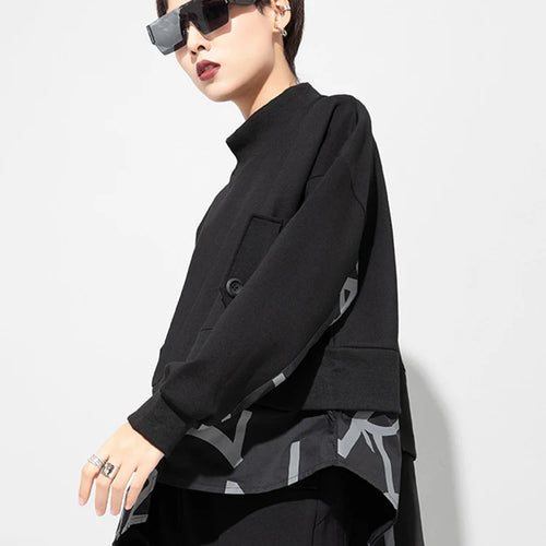 Load image into Gallery viewer, Women Big Size White Letter Iregular Spliced T-shirt New Stand Collar Long Sleeve  Fashion Tide Spring Autumn 2025 1DD0232
