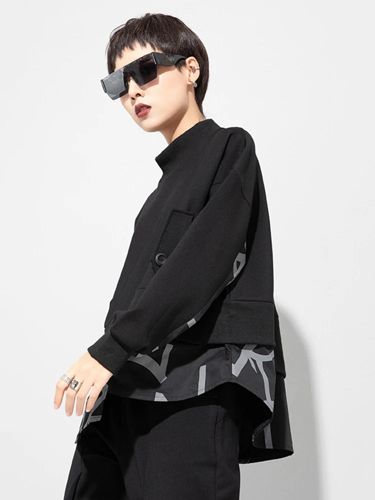 Women Big Size White Letter Iregular Spliced T-shirt New Stand Collar Long Sleeve  Fashion Tide Spring Autumn 2025 1DD0232