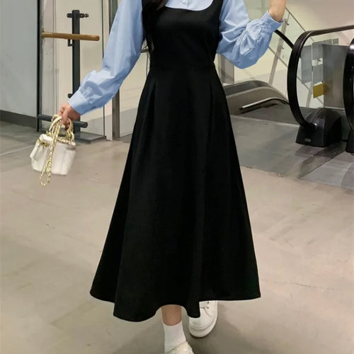 Load image into Gallery viewer, Autumn Korean Style School Long Sleeve Dress Women Kpop Casual Polo Black Dresses Kawaii Design Loose
