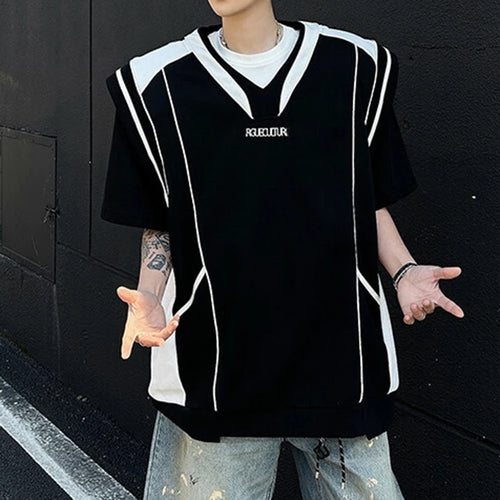 Load image into Gallery viewer, Men's T-shirts Short Sleeve Trendy Contrast Color Shoulder Pad Fake Two-piece Handsome Design Pullover Menwear 9W1703
