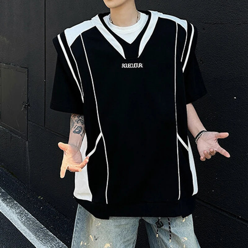 Men's T-shirts Short Sleeve Trendy Contrast Color Shoulder Pad Fake Two-piece Handsome Design Pullover Menwear 9W1703