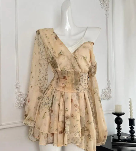 Autumn Khaki Print V-neck Elegant Long Sleeve Mini Dress French Women Vintage Sweet Pink Vacation Party Short Dress Fashion Boho