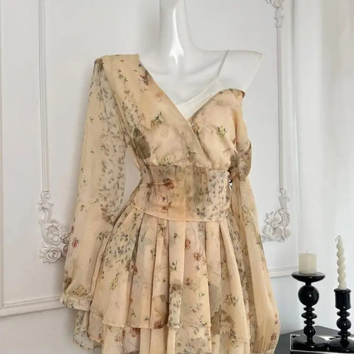 Load image into Gallery viewer, Autumn Khaki Print V-neck Elegant Long Sleeve Mini Dress French Women Vintage Sweet Pink Vacation Party Short Dress Fashion Boho
