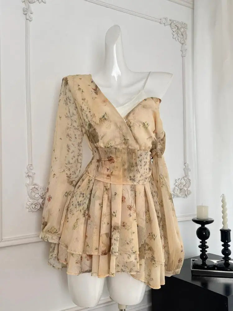 Autumn Khaki Print V-neck Elegant Long Sleeve Mini Dress French Women Vintage Sweet Pink Vacation Party Short Dress Fashion Boho