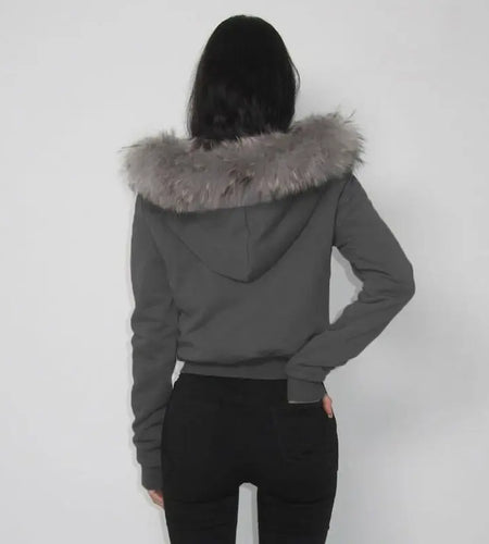 Patchwork Furry Hooded Sweatshirt for Women Y2k Tops Streetwear Casual Hoodies 2024 Ropa Mujer Casual Fashion Zipper Crop Hoodie