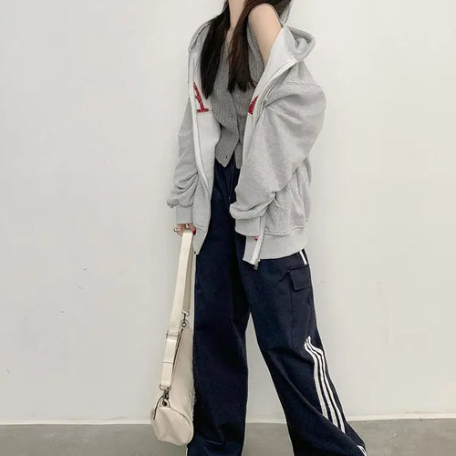 Load image into Gallery viewer, Women Gray Letter Hoodies Tops Harajuku Korean Version Zip Up Loose Sweatshirts Autumn Casual Long Sleeve Hooded Coat Thick Chic
