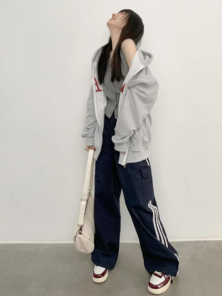 Women Gray Letter Hoodies Tops Harajuku Korean Version Zip Up Loose Sweatshirts Autumn Casual Long Sleeve Hooded Coat Thick Chic