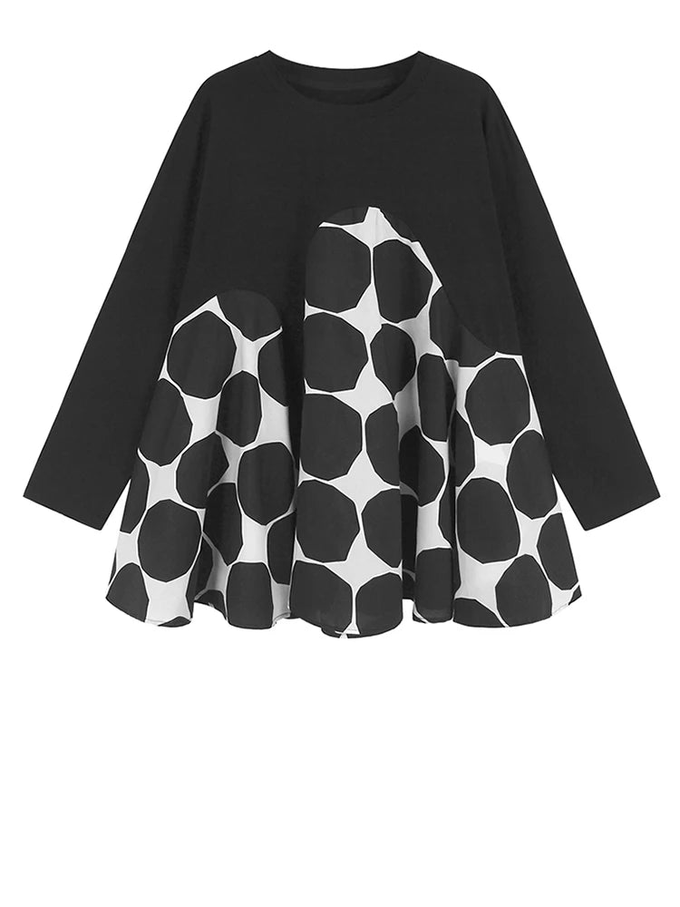 Women Black Dot Color-block Big Size Casual T-shirt New Round Neck Long Sleeve Fashion Tide Spring Autumn 2025 1DH9455