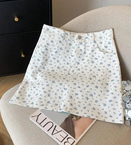 Korean Spring Summer New Vintage Sweet High Waist Fashion Denim A-line Short Pencil Skirt Women Flower Wrapped Hip Mini Skirts