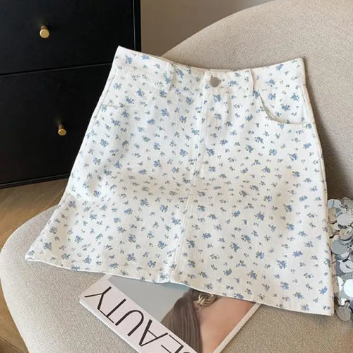 Load image into Gallery viewer, Korean Spring Summer New Vintage Sweet High Waist Fashion Denim A-line Short Pencil Skirt Women Flower Wrapped Hip Mini Skirts
