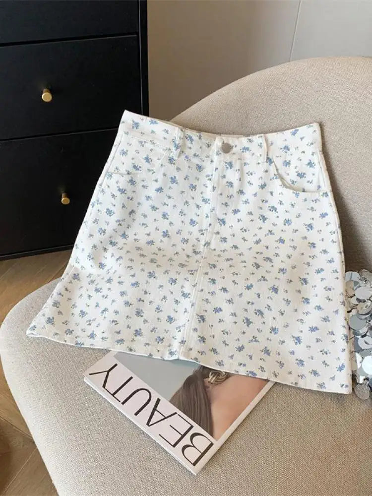 Korean Spring Summer New Vintage Sweet High Waist Fashion Denim A-line Short Pencil Skirt Women Flower Wrapped Hip Mini Skirts
