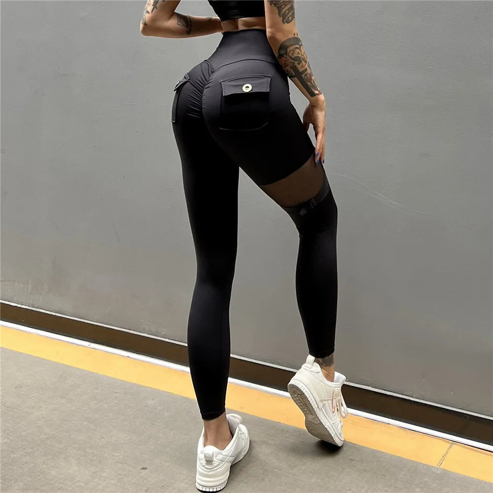 Nylon Belt Yoga Pants Gym Scrunch Fitness Yoga Pant Sports Gym Lift Hip Hight Waist Mesh Legging Running Workout Pants