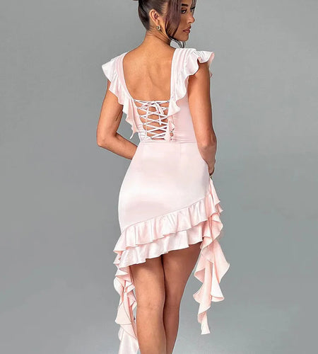 Elegant Deep V Bandage Ruffled Edge Tight Dress for Women, Double Layered Sexy Skirt, Female Skinny Evening Dress, Party