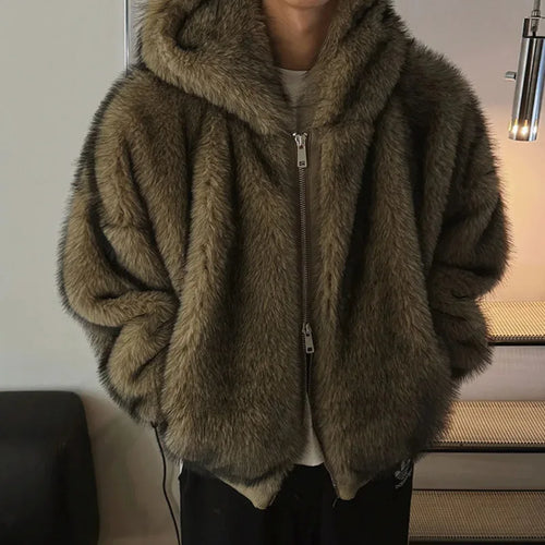 Load image into Gallery viewer, Men&#39;s Cotton Jacket Fake Fur Jackets New Male Loose Warm Solid Color Zipper Chic Korean Hooded Menwear Spring 9W1431
