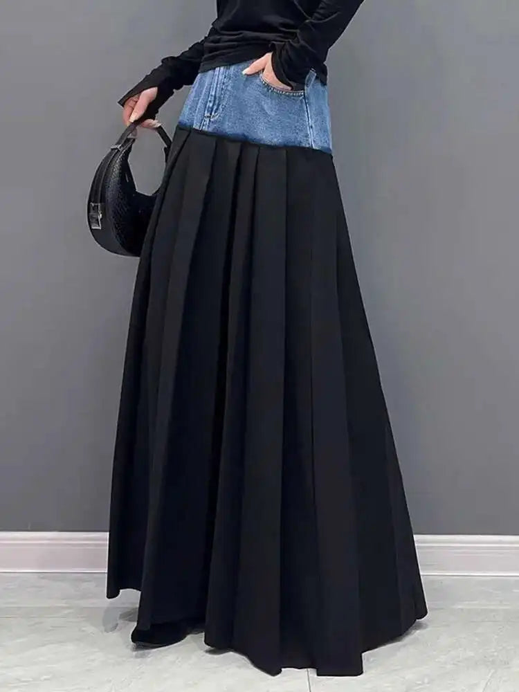 High Elastic Waist Blue Color-block Denim Pleated A-line Half-body Skirt Women Fashion Tide New Spring Autumn 2025 1DH2576