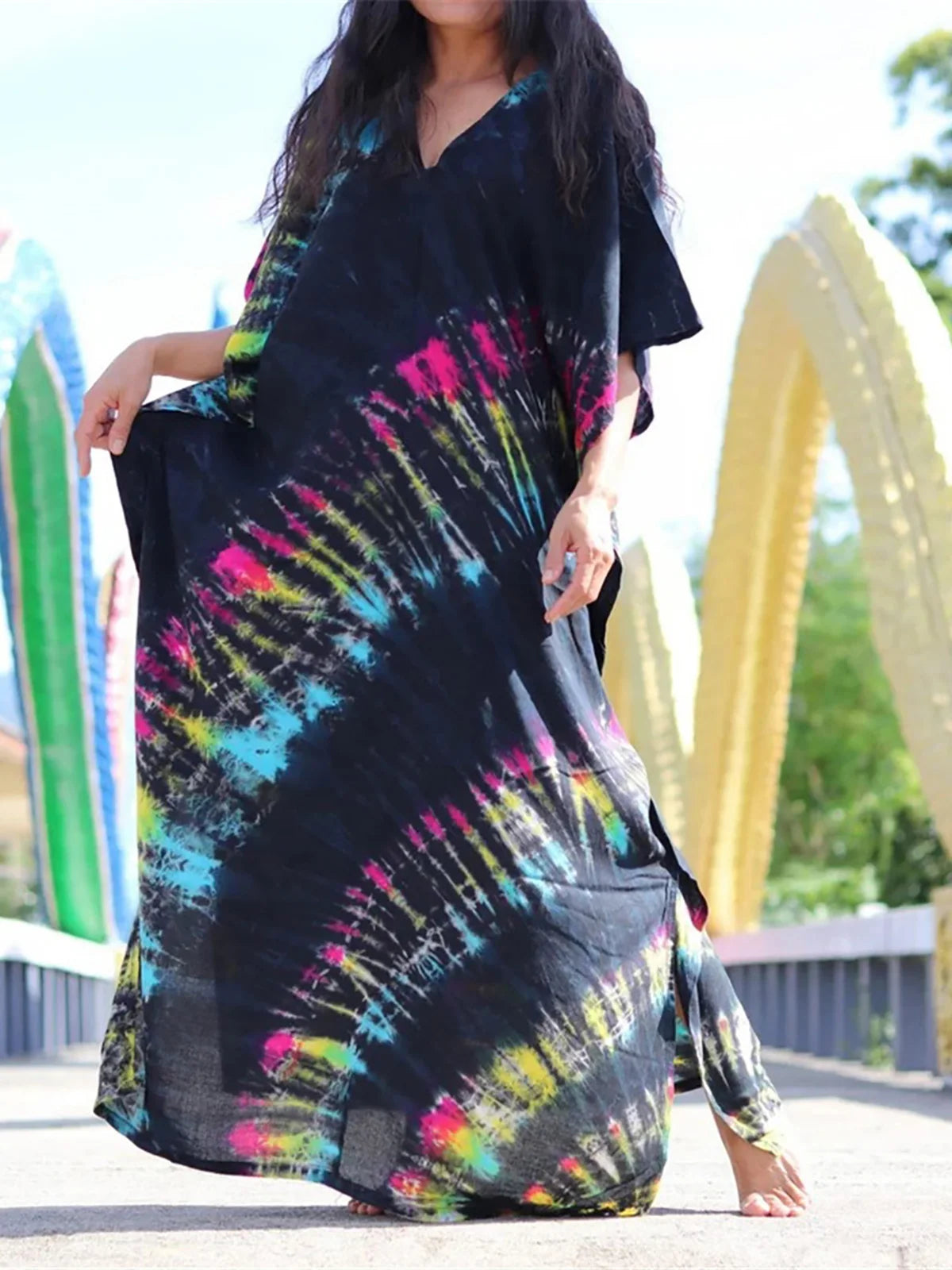 30 Colors V Neck Printed Colorful Tie Dye Tunic Beach Cover Up Cover-ups Beach Dress Beach Wear Beachwear Female Women V4477