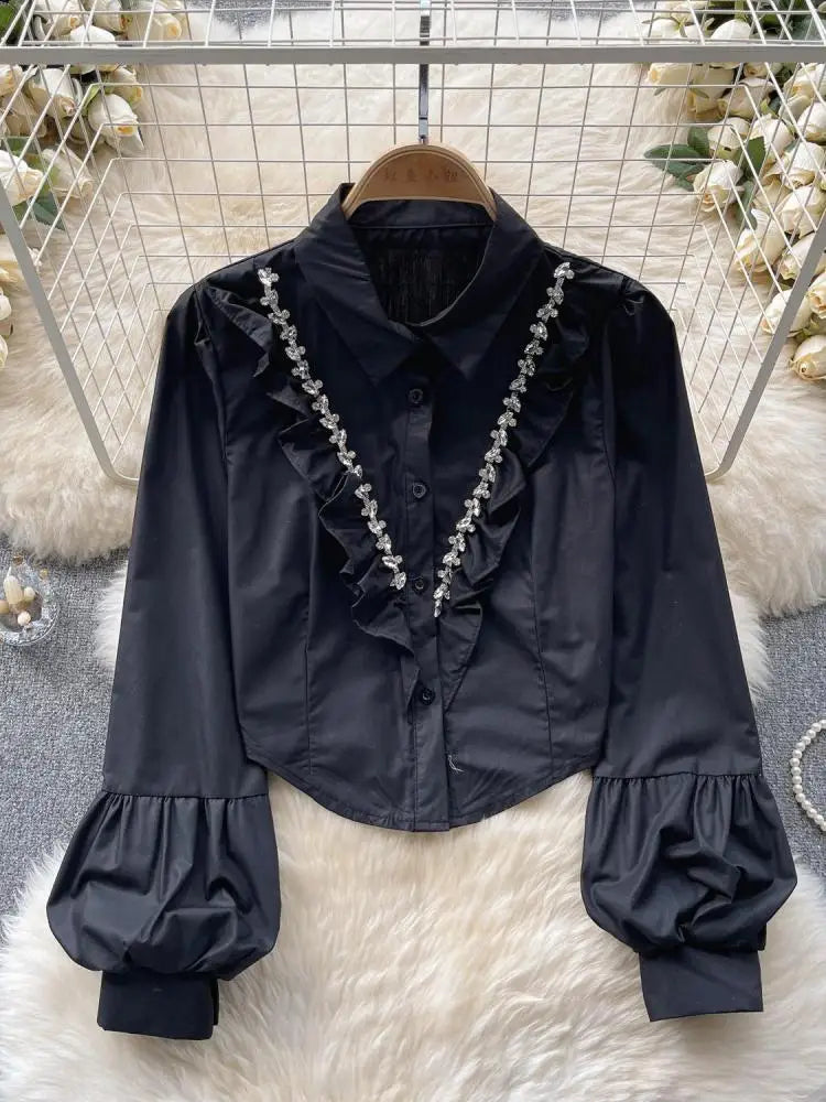 French Vintage Solid Elegant Long Sleeve Ruffle Tops Autumn Female Turn-down Collar Shirt Women Button Versatile Pleated Blouse