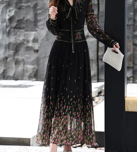 Hit Color Printing Spliced Lace Up Casual Dresses for Women V Neck Long Sleeves Sheer Elegant Dress Female Clothing