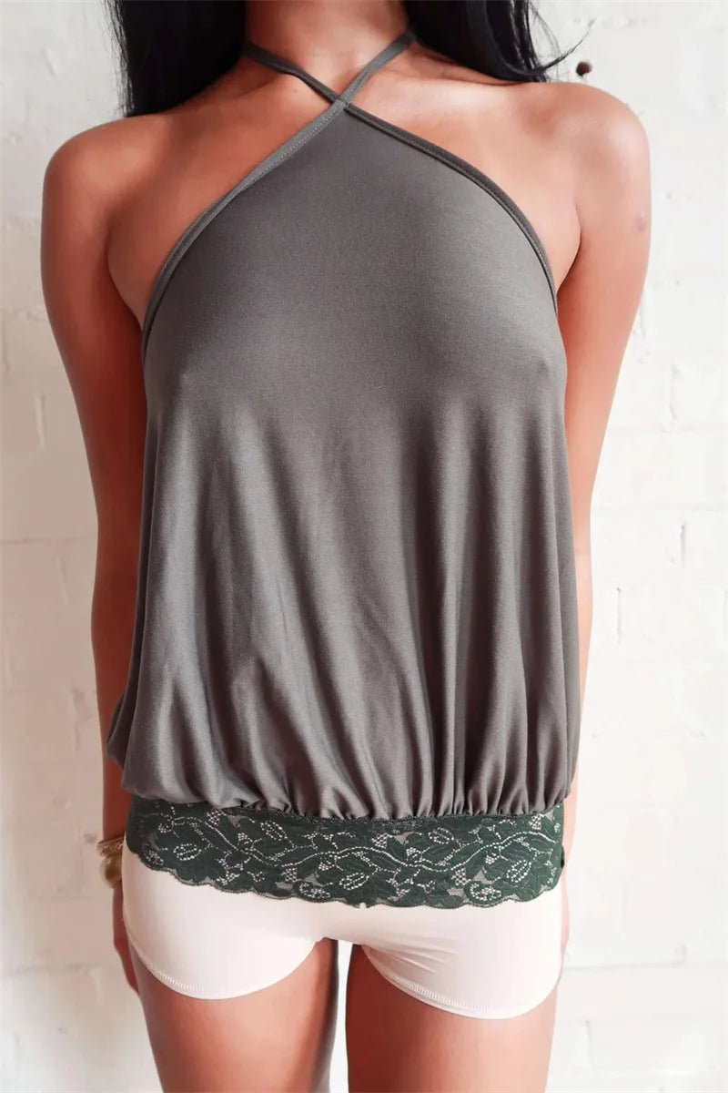 Halter Backless Sexy Mini Dress Women Robe Fashion Summer New Lace Patchwork Sleeveless Pleated Ruffled Club Dress