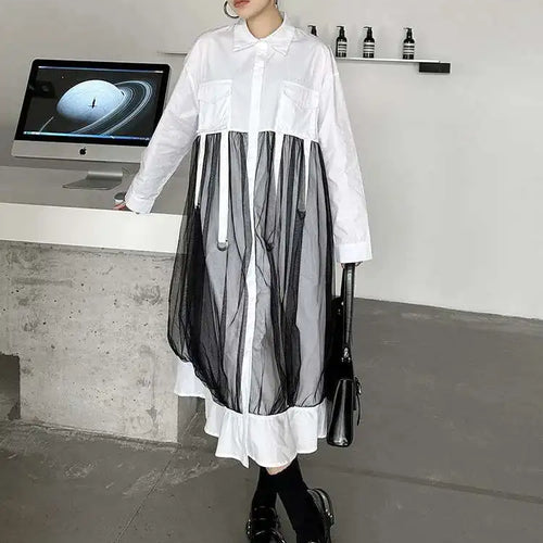 Load image into Gallery viewer, Women White Mesh Ribbons Pocket Big Size Midi Shirt Dress New Lapel Long Sleeve Fashion Tide Spring Autumn 2025 1DH8647
