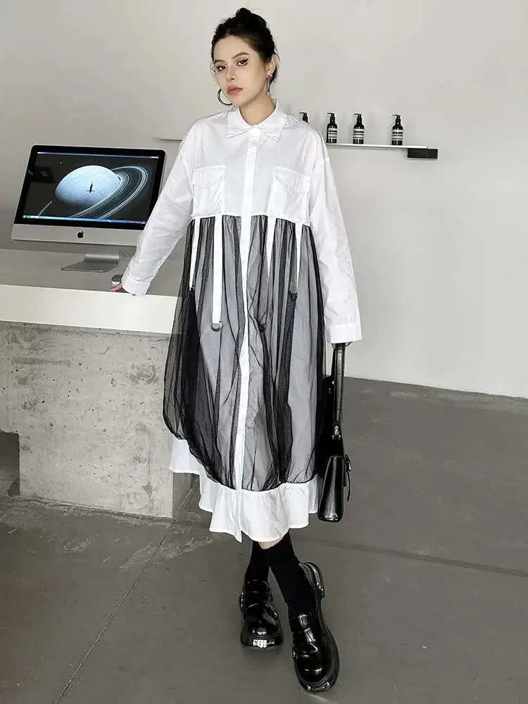 Women White Mesh Ribbons Pocket Big Size Midi Shirt Dress New Lapel Long Sleeve Fashion Tide Spring Autumn 2025 1DH8647